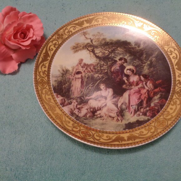 T.LIMOGES VINTAGE ROMANTIC NATURE & PEOPLE DECOR GILT PLATE 1969 - Picture 2 of 4